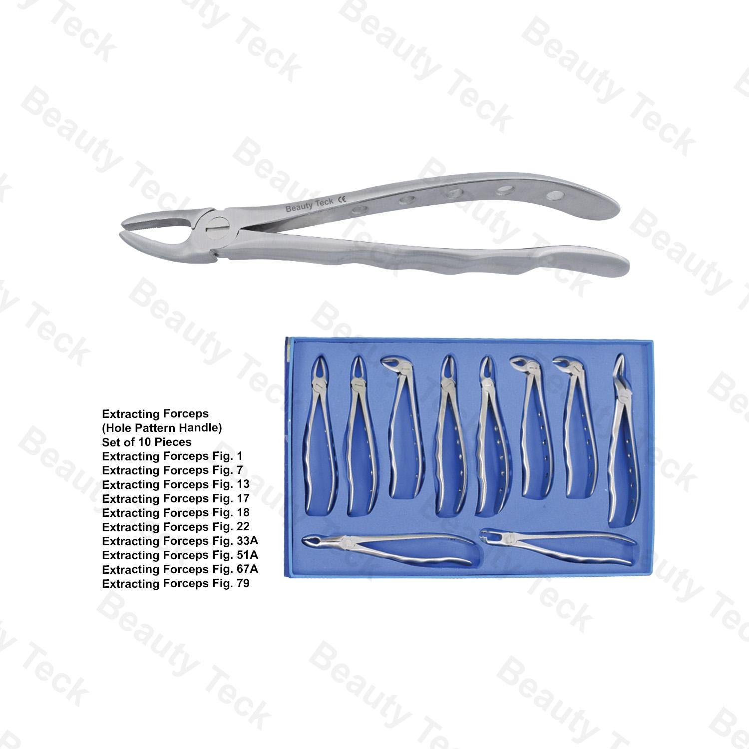  EXTRACTING FORCEPS HOLE PATTERN HANDLE (SET OF 10 PIECES, FIG NO. 2, 7, 13, 17, 18, 22, 33, 51A, 67