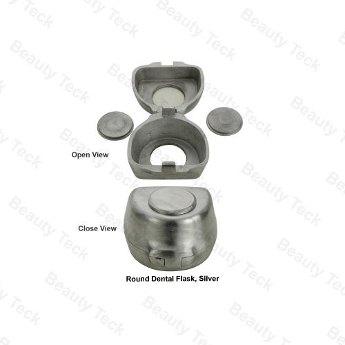 ROUND DENTAL FLASK, SILVER (CLOSE VIEW)